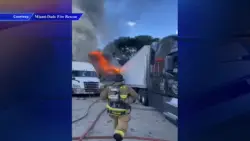 Crews put out tractor-trailer fire in Opa-locka, contain fuel leak; no injuries